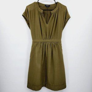 Madewell Olive Green 100% Silk Moonset Dress Cap Sleeve Gathered Waist Pockets 0